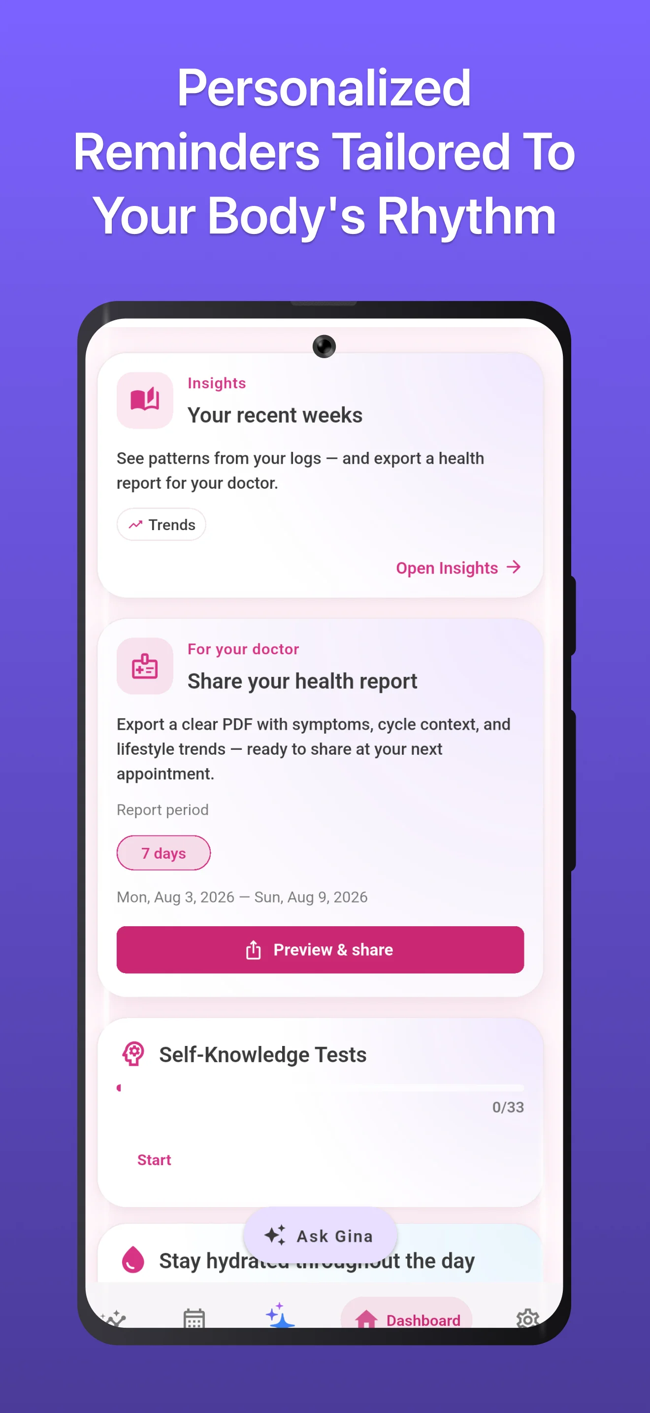 LadyLife wellness reminders screen